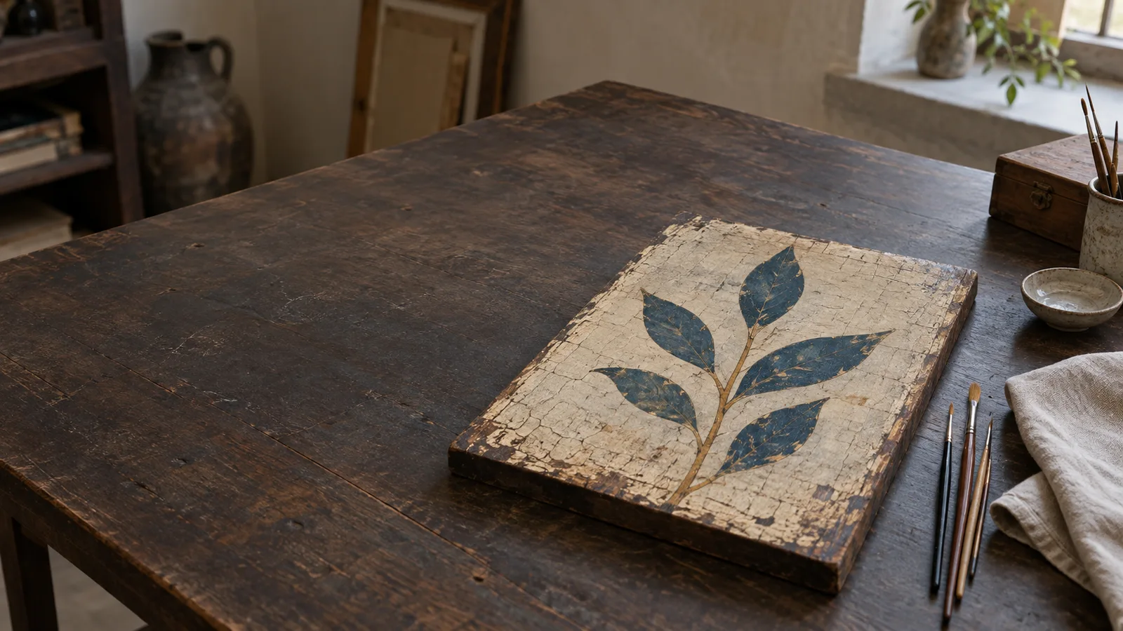 Ilustración fotográfica de un panel pintado y herramientas sobre una mesa de restauración.