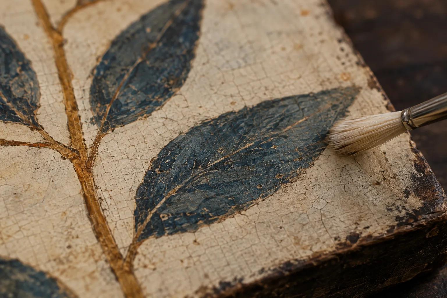 Detalle ilustrativo de pintura craquelada en tonos azules y ocres junto a un pincel.