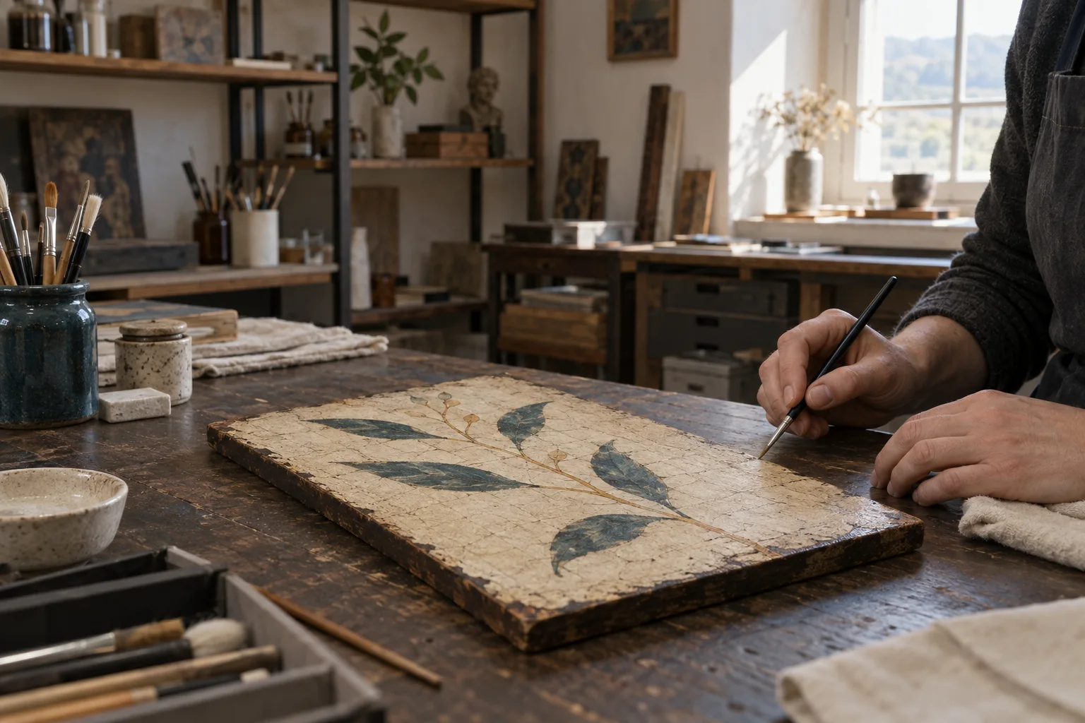 Escena ilustrativa de unas manos trabajando con pincel sobre un panel pintado en un taller.